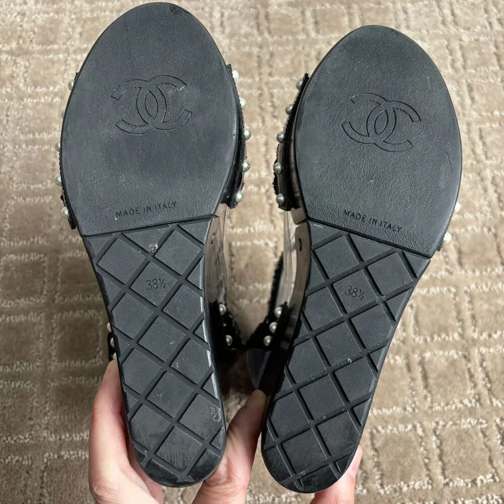 CHANEL 2016 Black Sequin Pearl Studded Wedge Sandals 38.5 Hinged Wood Platform